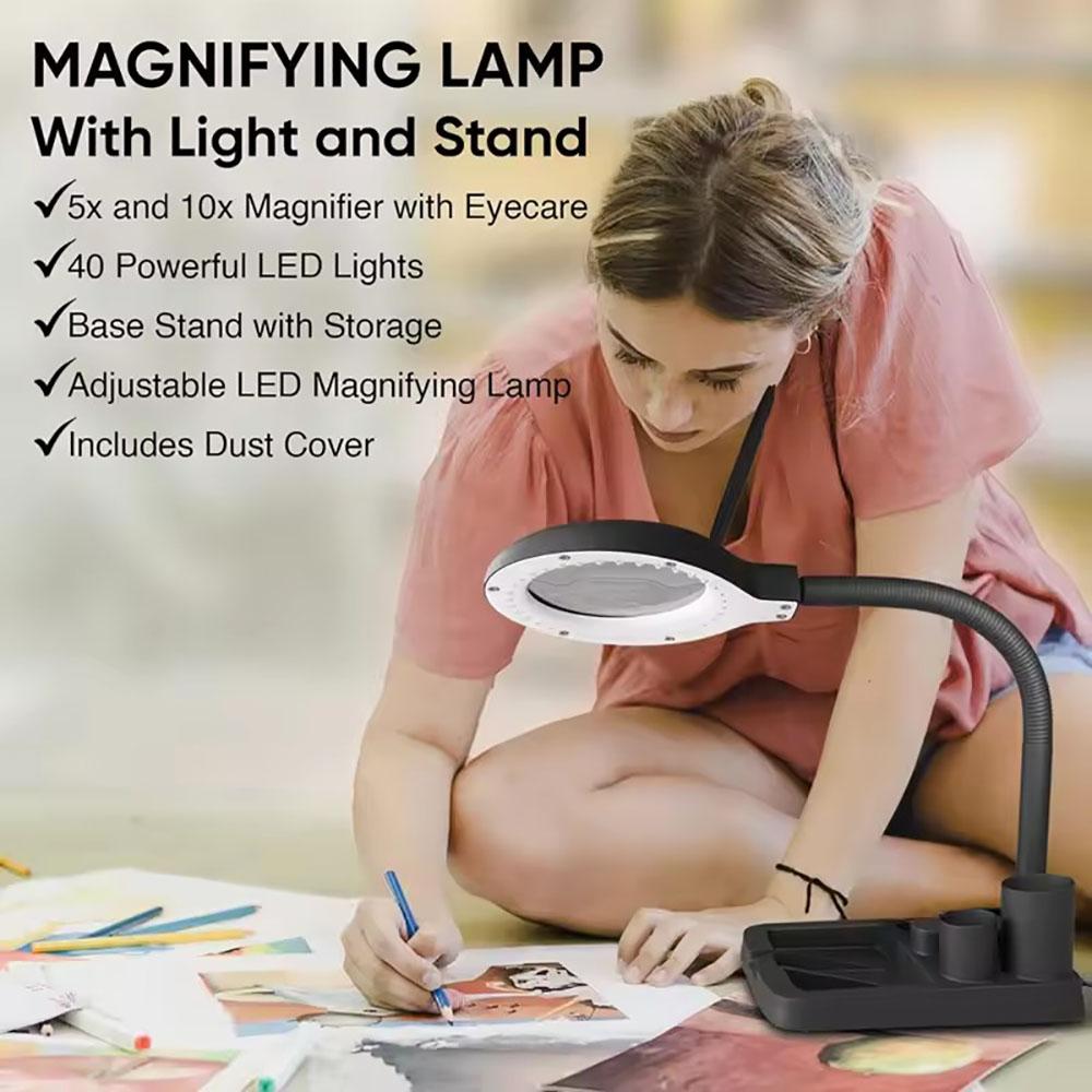 5X 10X Magnifier with 40 LED Lights, High Vision Illuminated Magnifier Lamp, Desk Lamp for Reading and Closing Work