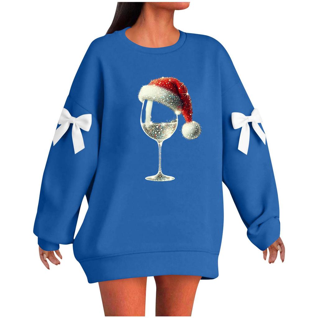 Ladies' Christmas Printed Bow Round Neck Long Sleeved Loose Pullover Sweater Sweatshirt Top