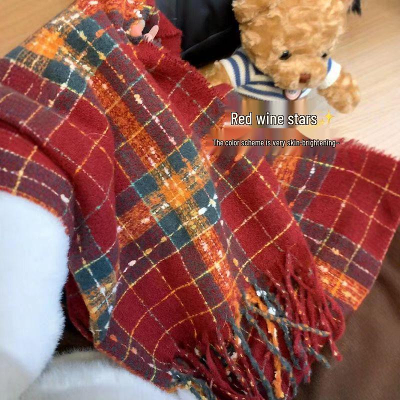 Korean Style Women's Red Plaid Winter Scarf - Warm & Thick Shawl