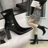 Fashion 2025 New Autumn and Winter High Heel Short Boots for Women Lacquer Leather Coarse Heel Single High End Thin Thin and Short Boots
