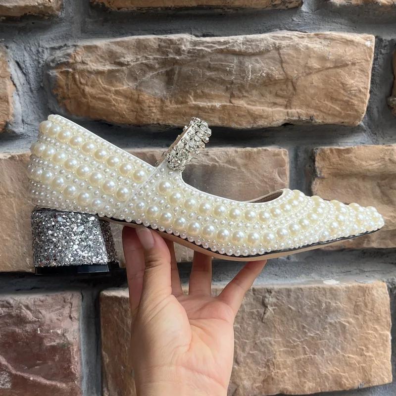 Мода Новые Остроносые Стразы Жемчуг Толстый Каблук Одиночные Туфли Мода Европейский Американский Банкет Свадьба Невеста Подружка Невесты Туфли на Высоком Каблуке