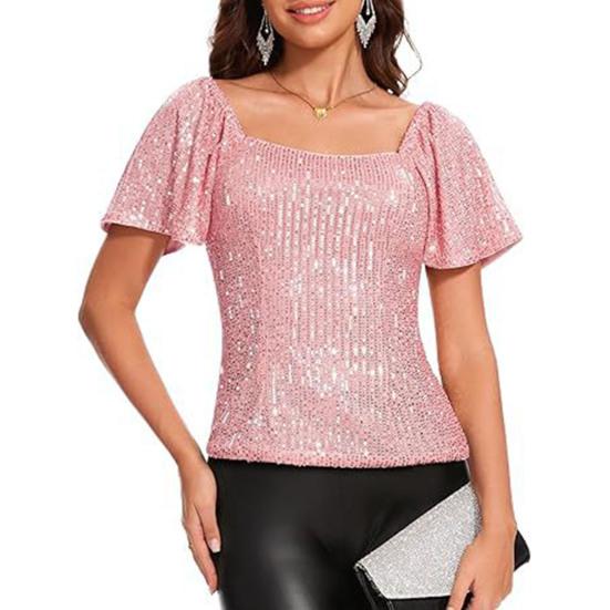 Women Tops Square Collar Puff Short Sleeve Sequin Tops Glitter Sparkling Party Blouse Evening Party Tops