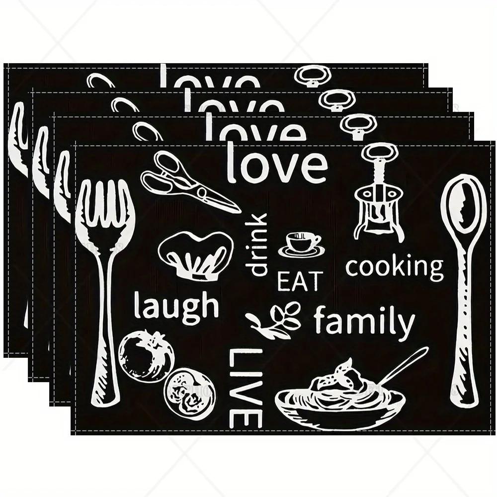 1PC Linen Table Pad with Black and White Knife and Fork Pattern Non-Slip Easy To Clean Decorative Placemat