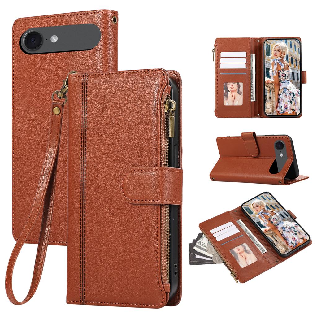 For iPhone 17 Air Case Multi Card Slots Zipper Leather Phone Cover with Wrist Strap