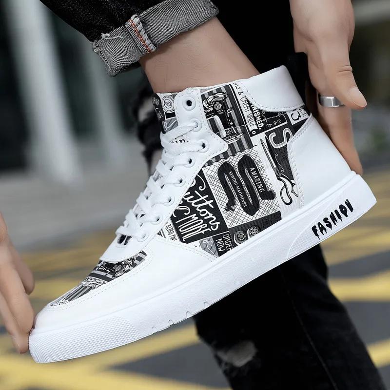 Trendy High Top Men Sneakers Graffiti Style Spring Autumn Student Men Shoes Punk Street Casual Shoe Tenis Shoe Zapatillas Hombre