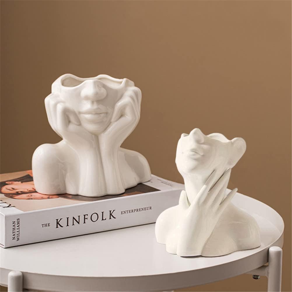 White Ceramic Face Vase, Female Form Head Half Body Bust Vases Boho Feminist Minimalism Decorative Modern Nordic Style Flower Vase for Home Living