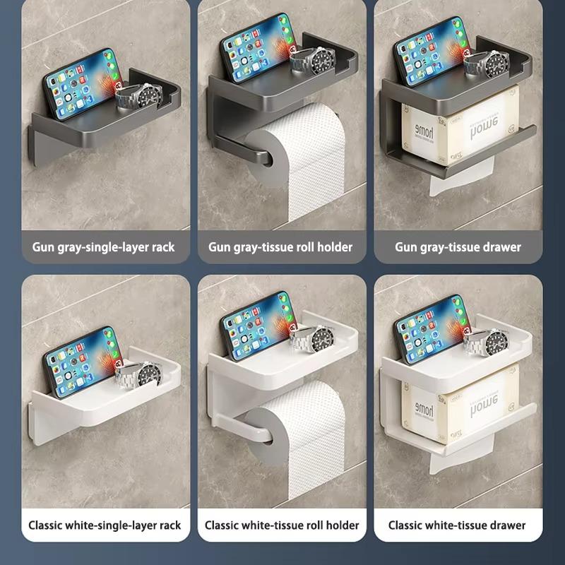 No Drill Wall Mounted Toilet Paper Holder Bathroom Tissue Rack Multifunctional Wall Roll Paper Organizer Phone Storage Shelf