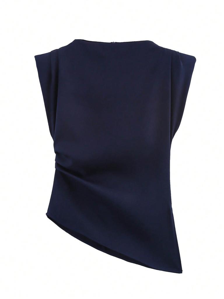 Women S Fashion Pleated Asymmetric Padded Shoulder Casual Top