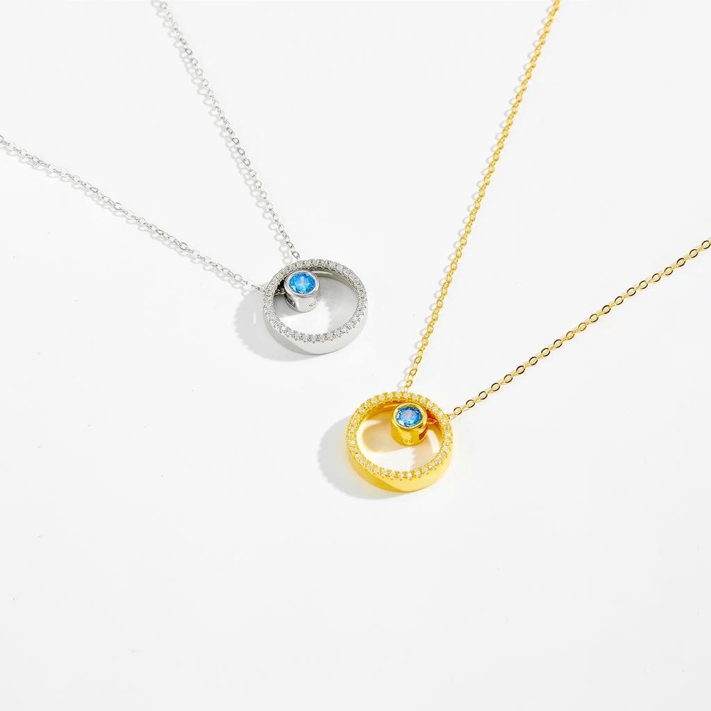 Sterling Silver Gold Circle Silver Necklace and Topaz Move Blue Zircon Collar Women Fine Jewelry Spiring Jew