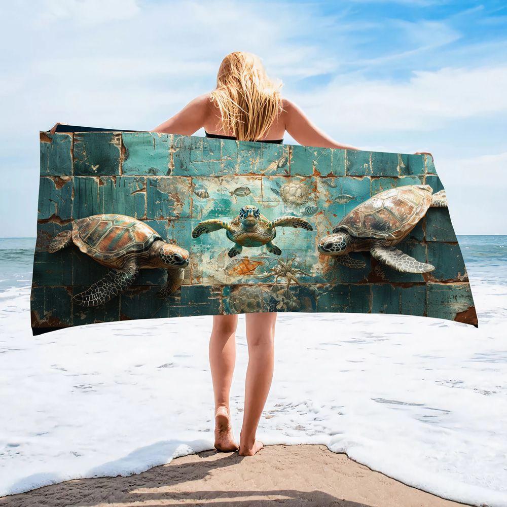Popular Ocean Turtle Pattern Beach Towel Microfiber Absorbent Bath Towel Quick-Drying Double-Sided Velvet Beach Blanket