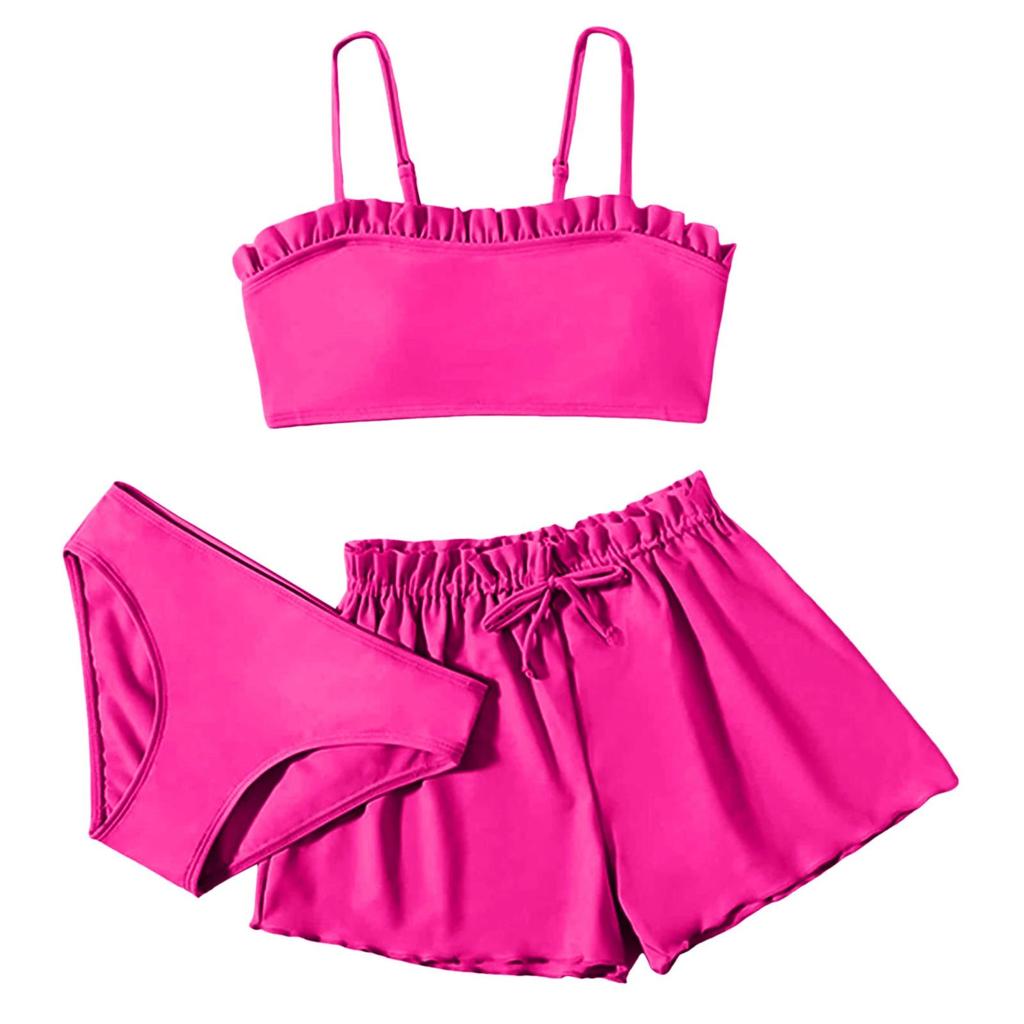 1Set Children's Solid Color Ruffled Two-piece Swimsuit Girls Three-piece Swimsuit Set