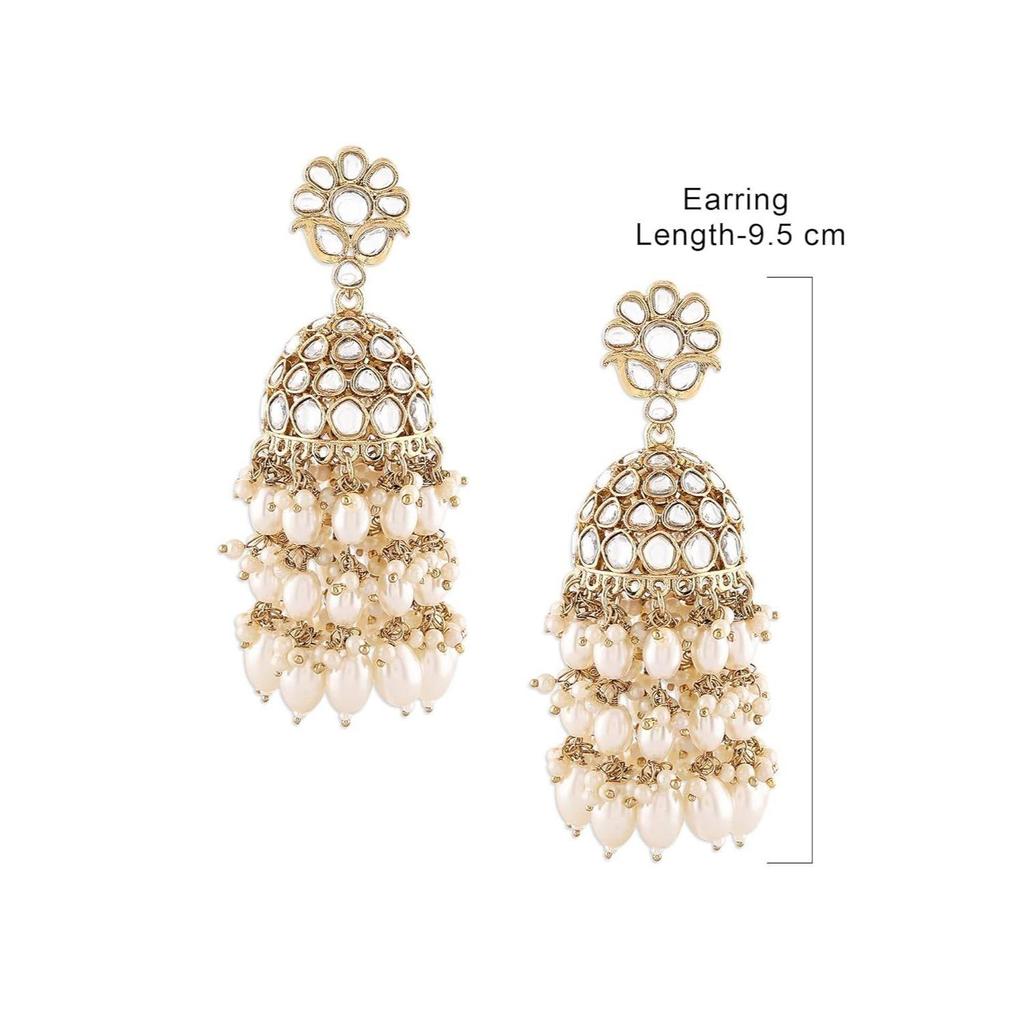 Gold Tone Kundan & Cluster Pearl Drop Traditional Jhumka Earring For Women