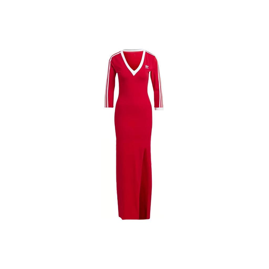 Adidas Originals Adicolor Classics 3-Stripes Maxi Dress With V-Neck And Half Sleeves Women Dress Red II0750