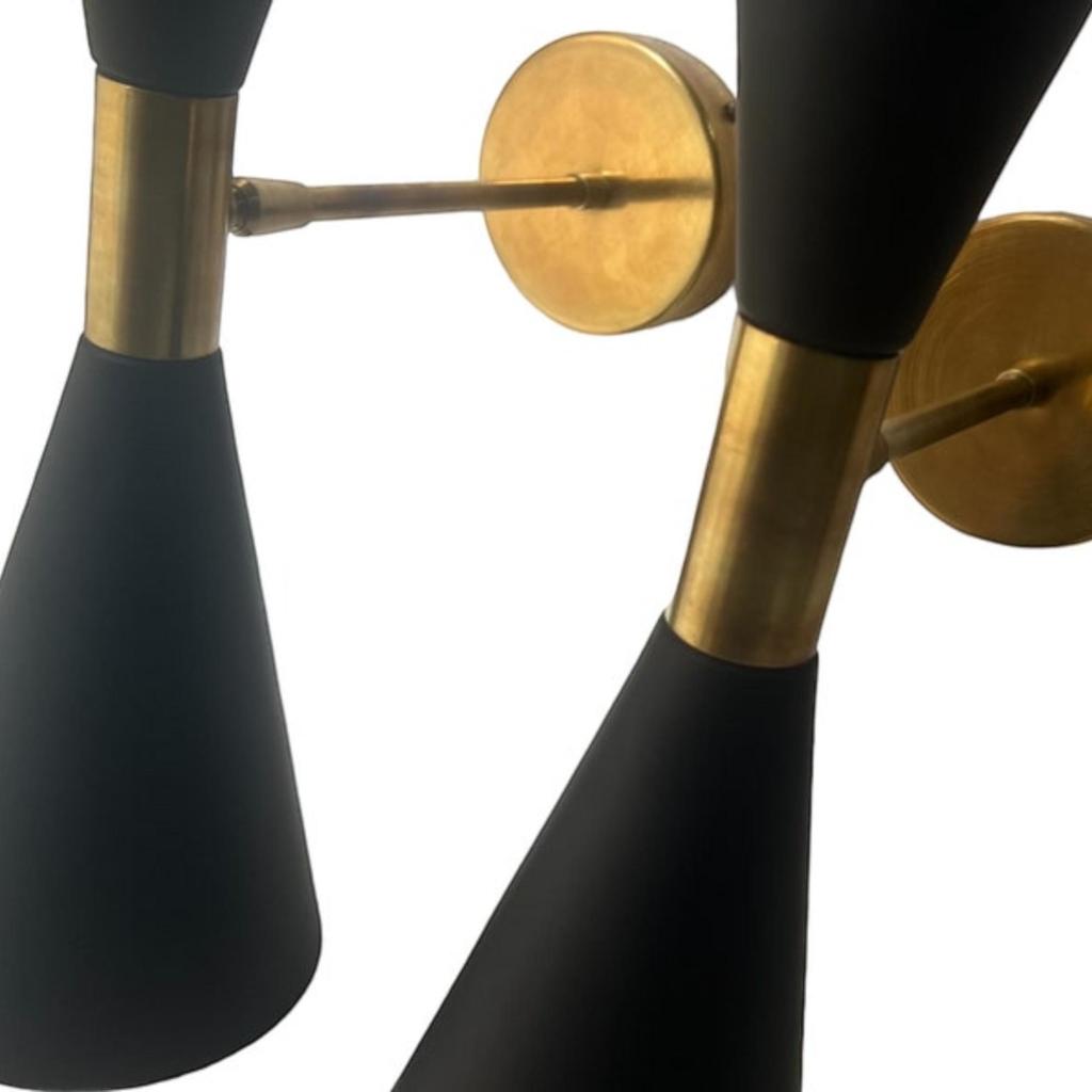 Mid-Century Italian Stilnovo 17-Inch Diabolo Sconce - Black & Brass Double Cone Wall Light Fixture For Vanity, Bathroom, Kitchen