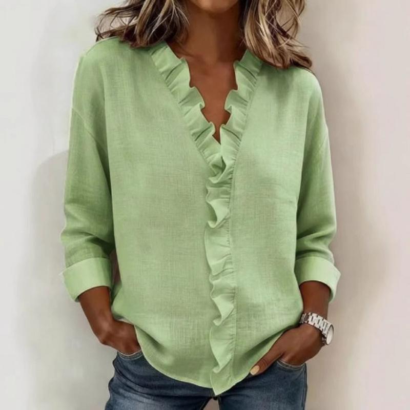 Women Ruffled Edge V Neck Long Sleeve Solid Casual Shirt