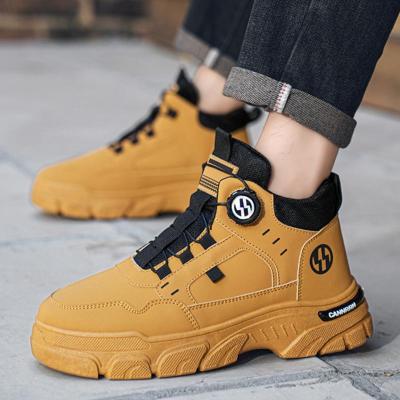 Spring Men High Top Platform Boots Outdoor Cold Protection Fashion Rotating Button Mens Work Boots