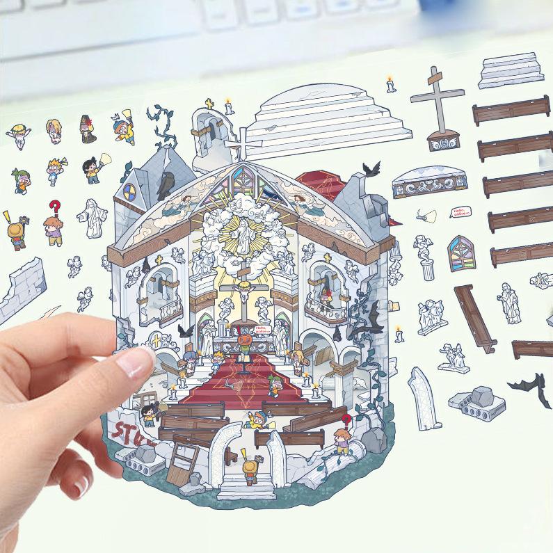 Cartoon Landscape Stickers Multiple Miniature World 3D Hut Unzip DIY Scene Manual Post