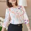 Women Casual Round Neck 3/4 Sleeve Loose Print Blouse