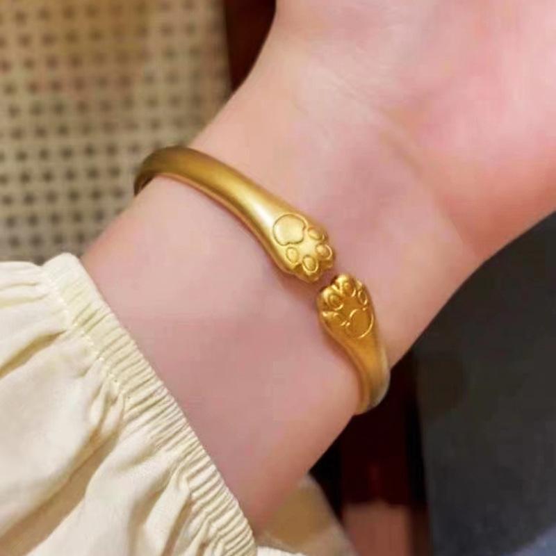 Ancient gold kitten paw print bracelet, cat paw bangle, cute pet cat bracelet, open bangle