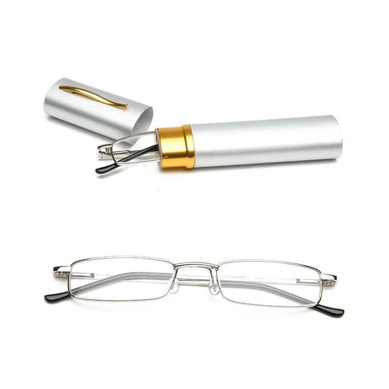 Mini Folding Reading Glasses Women Men Computer Glasses +1.0 To 4.0 Alloy Portable Container Presbyopia Pen Glasses With Box