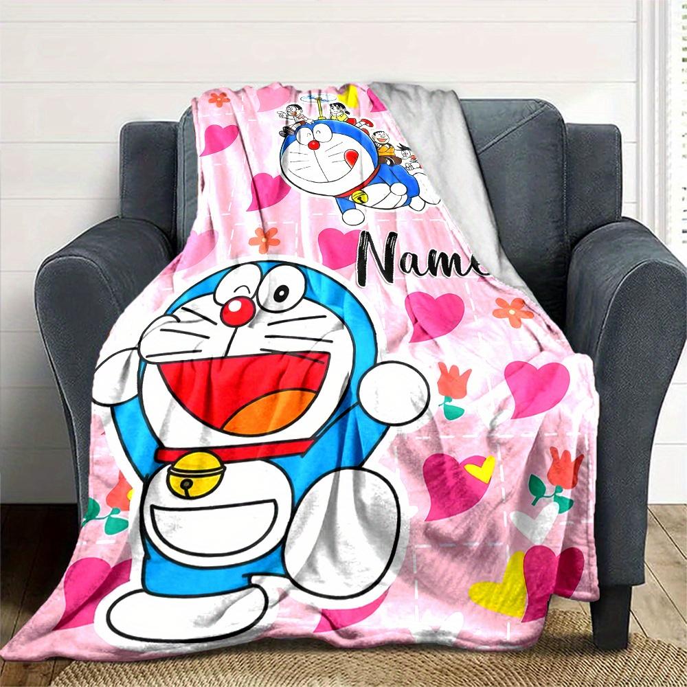 Doraemon And Friends Heart Flowers Flannel Blanket With Customizable Name Comfortable In All Seasons Suitable For Sofas Beds Travel Camping And Office