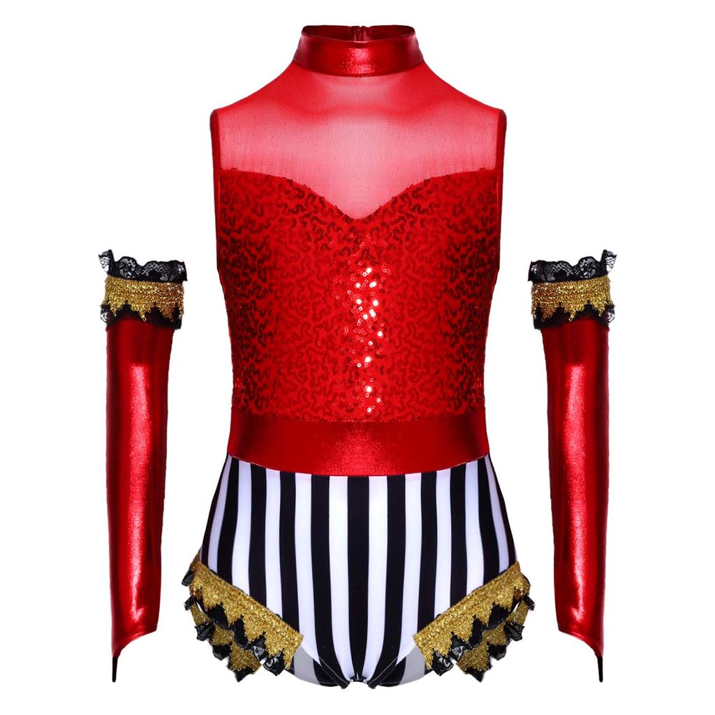 Girls Circus Costume Set Shiny Sequins Mock Neck Sleeveless Jumpsuit Matched Metallic Over Sleeve