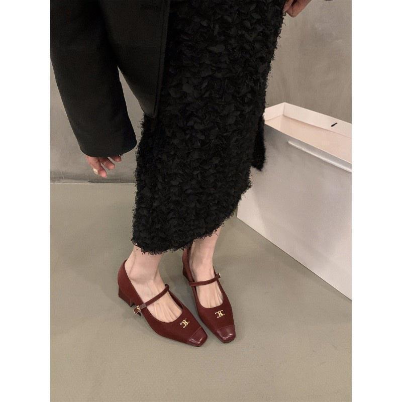 French medium high heel black Mary Jane single shoes women's shoes 2024 new spring, autumn and winter square head temperament evening shoes