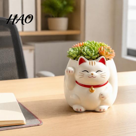 Versatile Desk Organizer for Plants Cute Fortune Cat Planter, Resin Beckoning Kitty Flower Pot, Auspicious Pot Indoor Cartoon Plant Succulents, Office