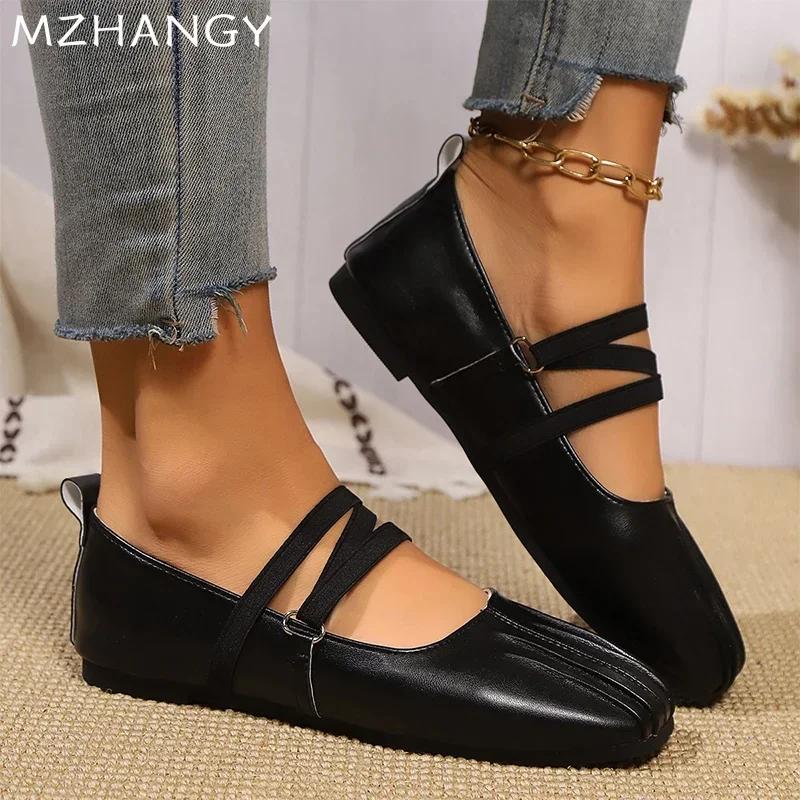 Модные женские кожаные балетки для танцев с плоским квадратным носком, женские туфли на плоской подошве 2025 года, модные элегантные осенние туфли Zapatillas Mujer