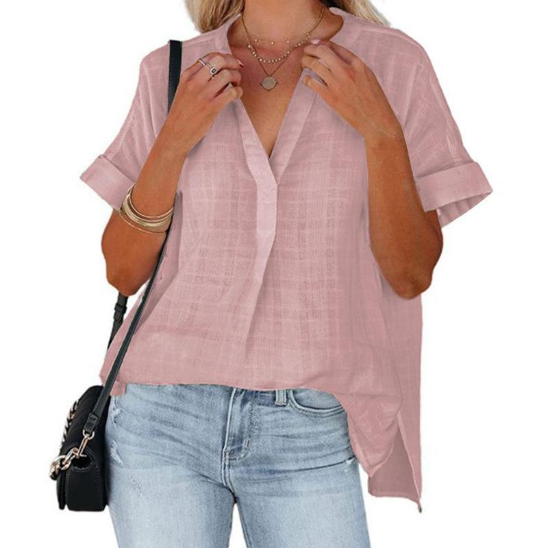 YYFS Women's Fashion Casual Summer Spring Solid Color Print Short Sleeve V-Neck Blouses & Shirts