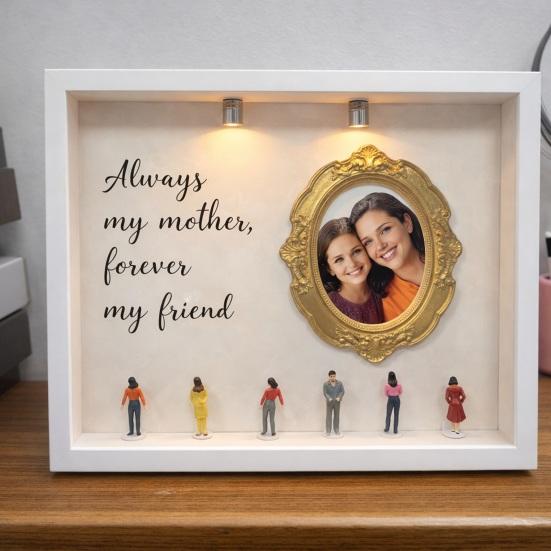 DIY Mini Museum Silhouette Box Personalized Photo Memory Display Case with Gold Frames Figurines Shadow Box Frame Kit with Light Gift for Mother's Day