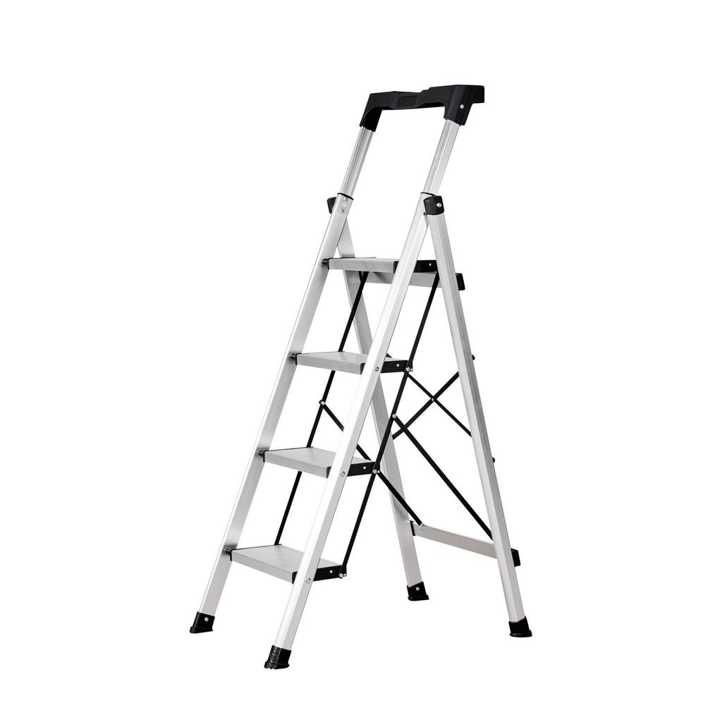 4 Step Ladder, Folding Step Stool with Wide Anti-Slip Pedal and Comfort Handgrip, 150 kg Capacity Portable Aluminum Stepladder, Multi-Use for Kitchen,