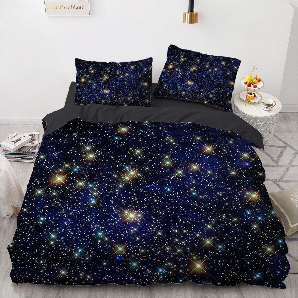 3D Galaxy King Queen Пододеяльник Звездное небо Постельное белье Вселенная Пододеяльник Космос Мягкий 2/3 шт. Покрывало Темно-синий