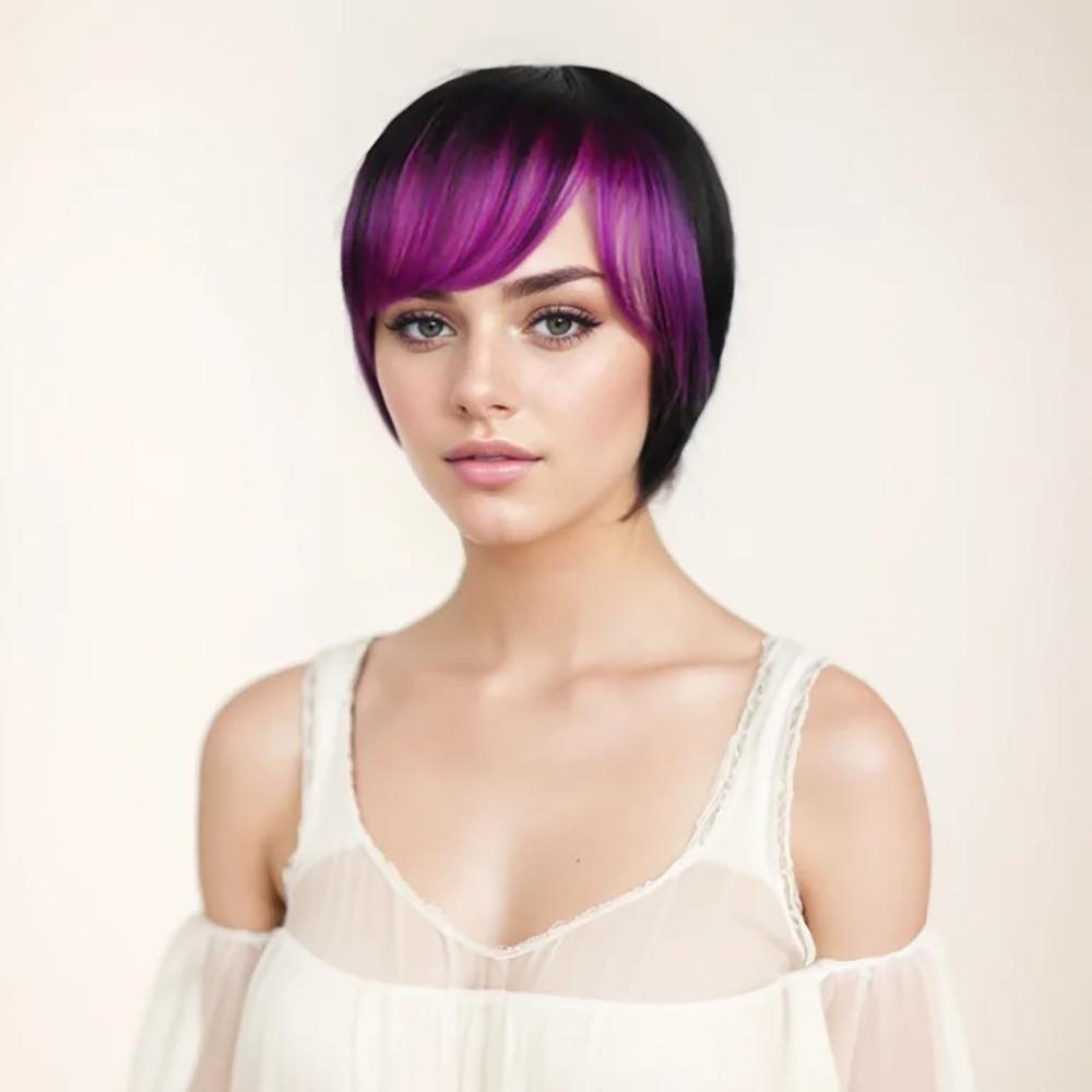 Short Hair Wigs Bob Haircut Whit Bangs Pink Purple Green Ombre Color Wig for Women Girls