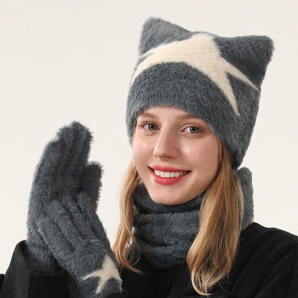 Star Pattern Knitted Bonnet Hat Soft Animal Ear Cap New Cat Ears Knitted Beanie Hat  Winter