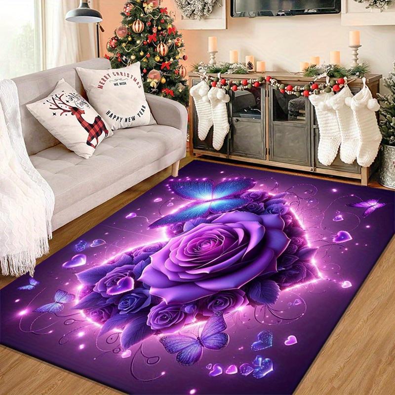 Purple Rose Butterfly Rug Enchanting Floral Fantasy for Romantic Rooms Dreamy Area Rugs Anti slip carpet can be machine washed