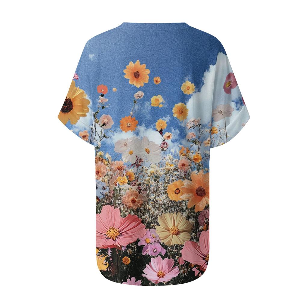Women's Fashion Pocket V-neck Short Sleeve Plant Floral Print T-shirt Top