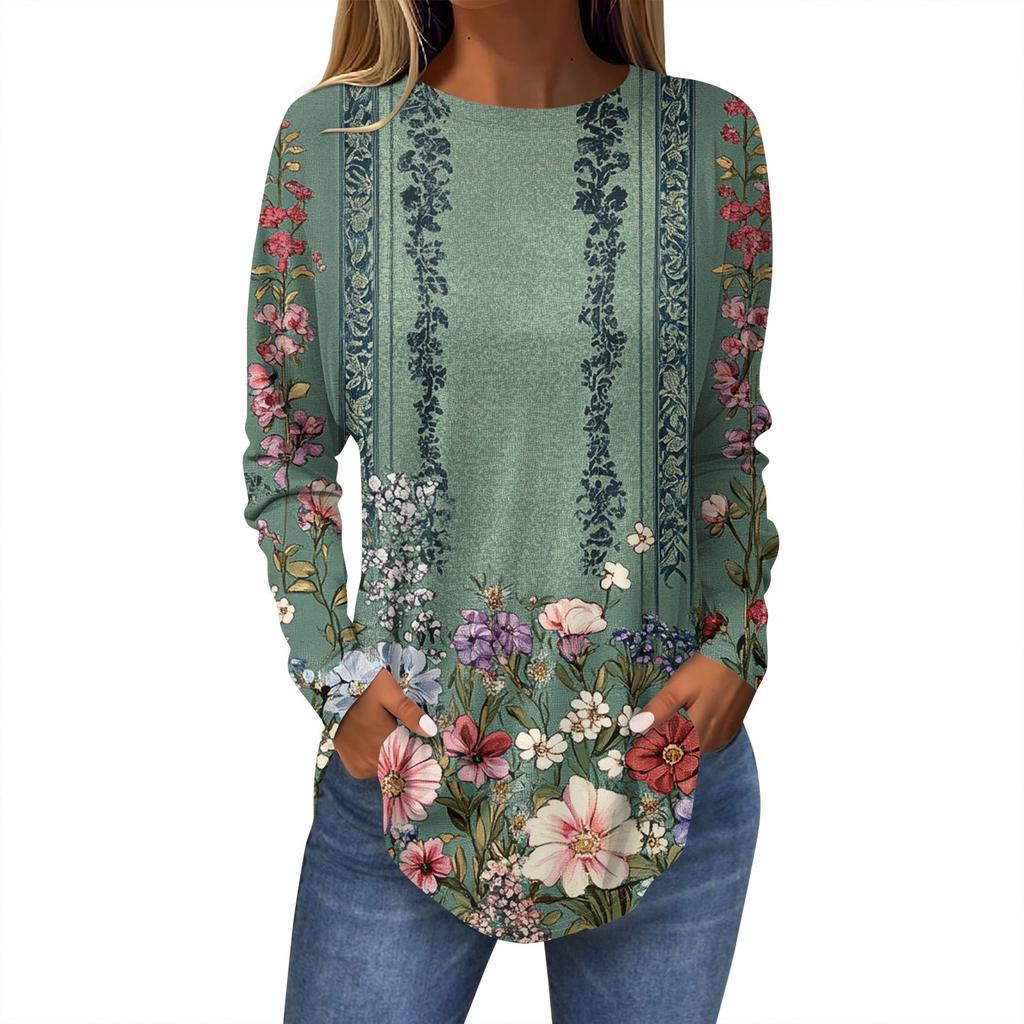 Рубашки для женщин Милые винтажные узоры с принтом Футболка с длинным рукавом Туника Топы Хлопковые пуловеры