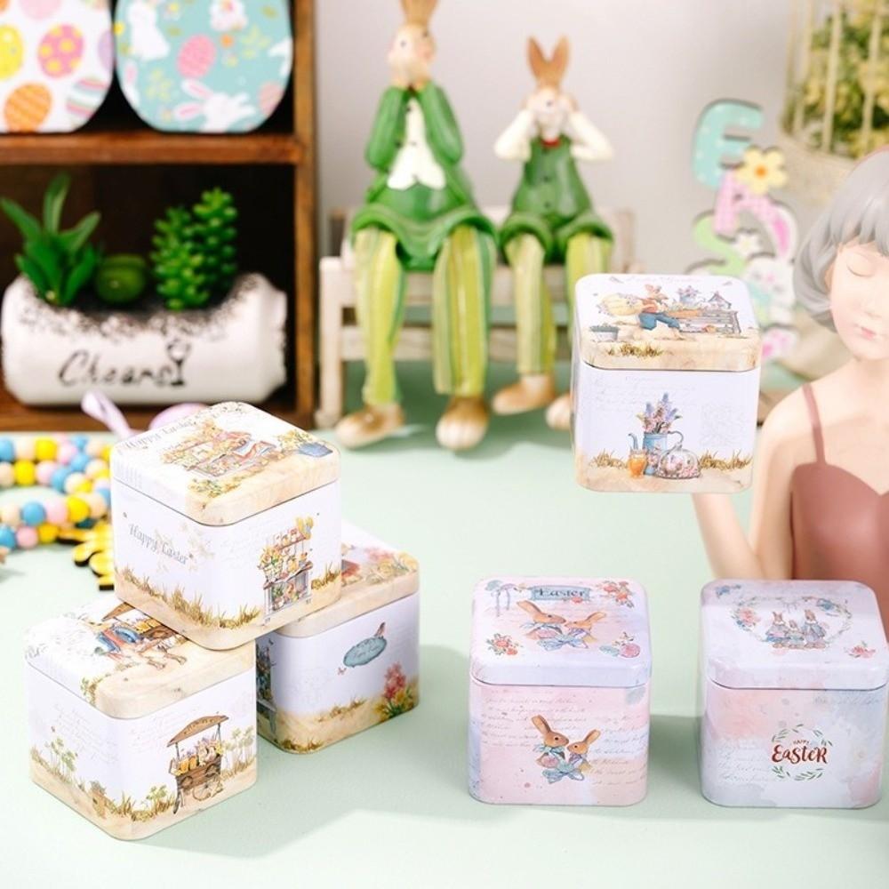 Metal Rabbits Candy Box with Lids Small Tin Can Multi-Purpose Easter Tinplate Box Home Party Decor