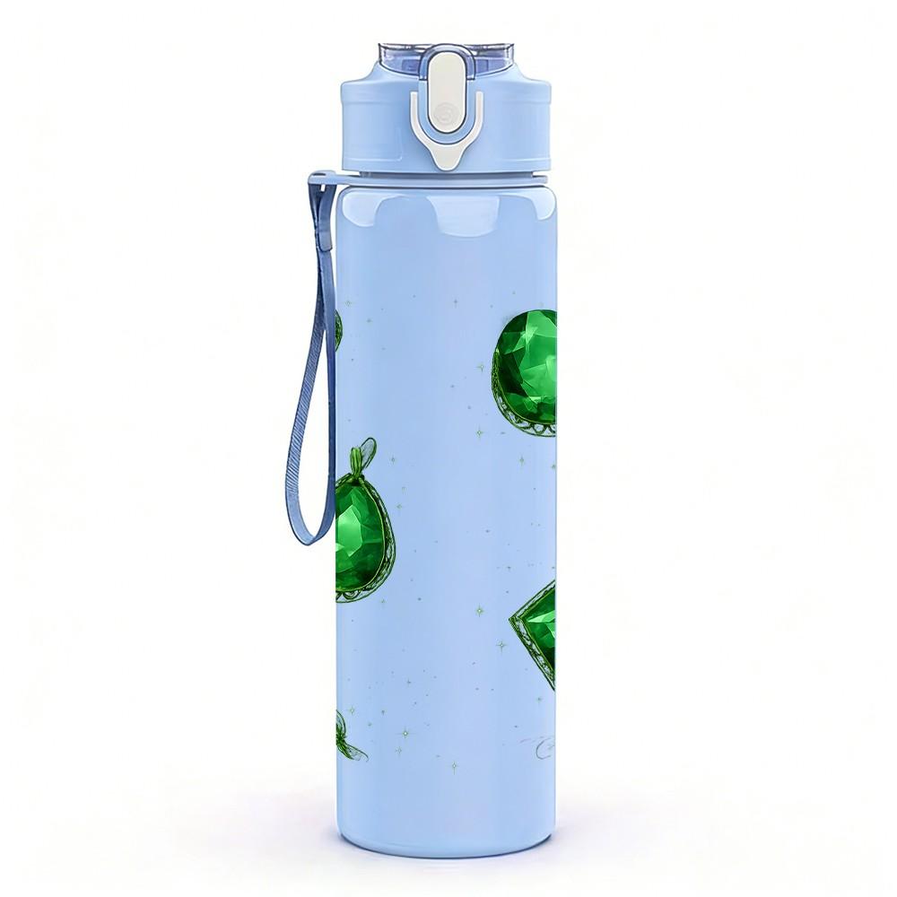 1PC Green Gem Stone Crystal Cluster Print 750ml Color Plastic Sports Water Bottle Leakproof Flip Straw Lid Suitable for Sports Office Home Use