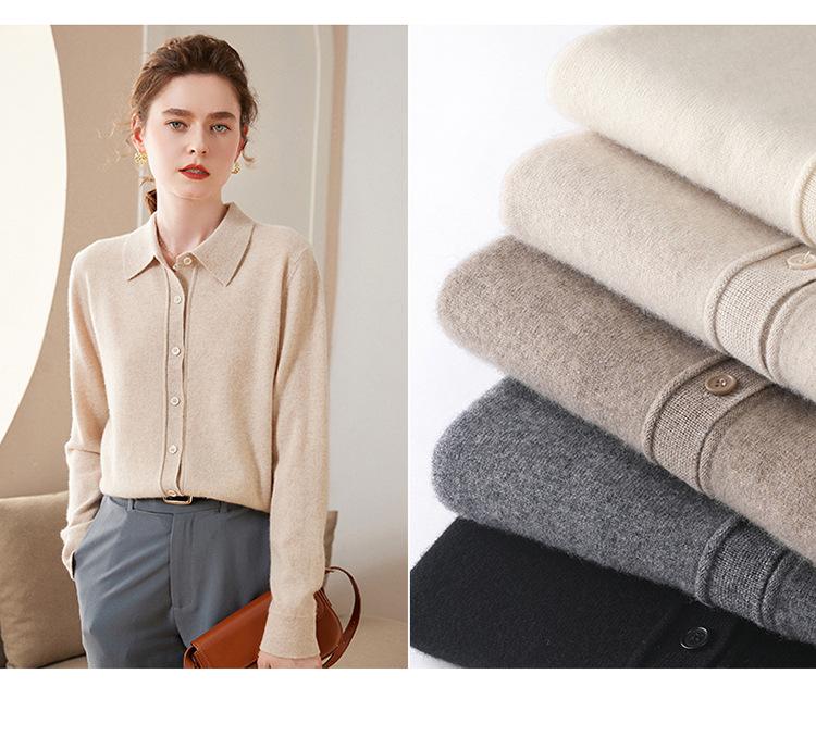 Women's Fashion Cashmere POLO Collar Long Sleeve Cardigan Sweater