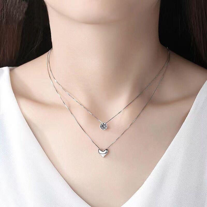 Серебряный кулон-сердце S925, двухслойное ожерелье для женщин - Универсальная цепочка на ключицы, подарок