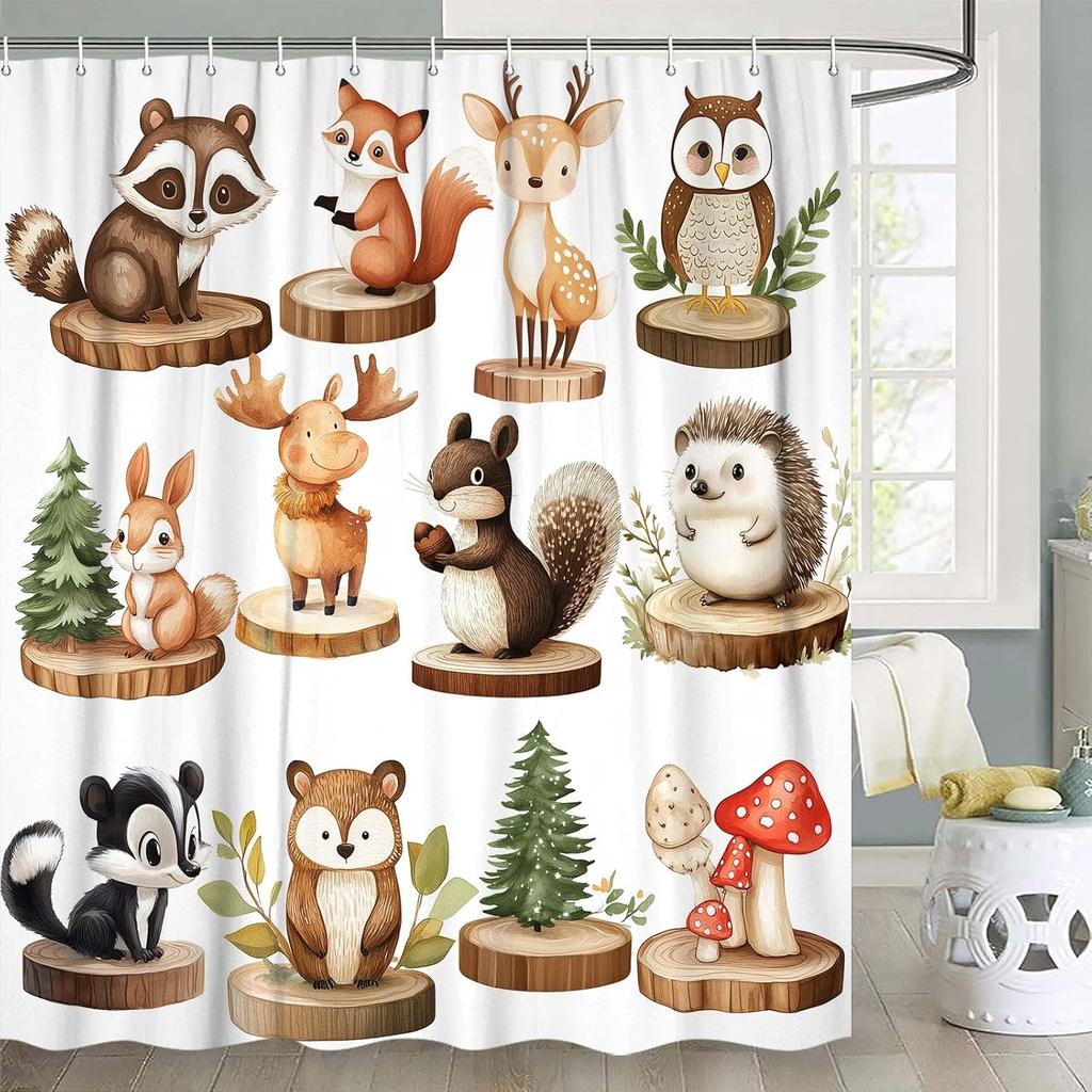 Animals Shower Curtain for Kids,Painted Tropical Animals Bathtub Curtain,Cartoon Cute Squirrel Raccoon Hedgehog Bathroom