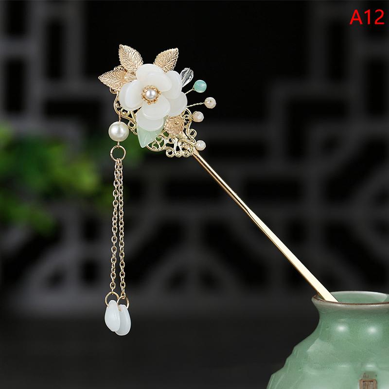 Retro Traditional Flowers Simulated Pearls Long Tassel Hairpins Hair Sti