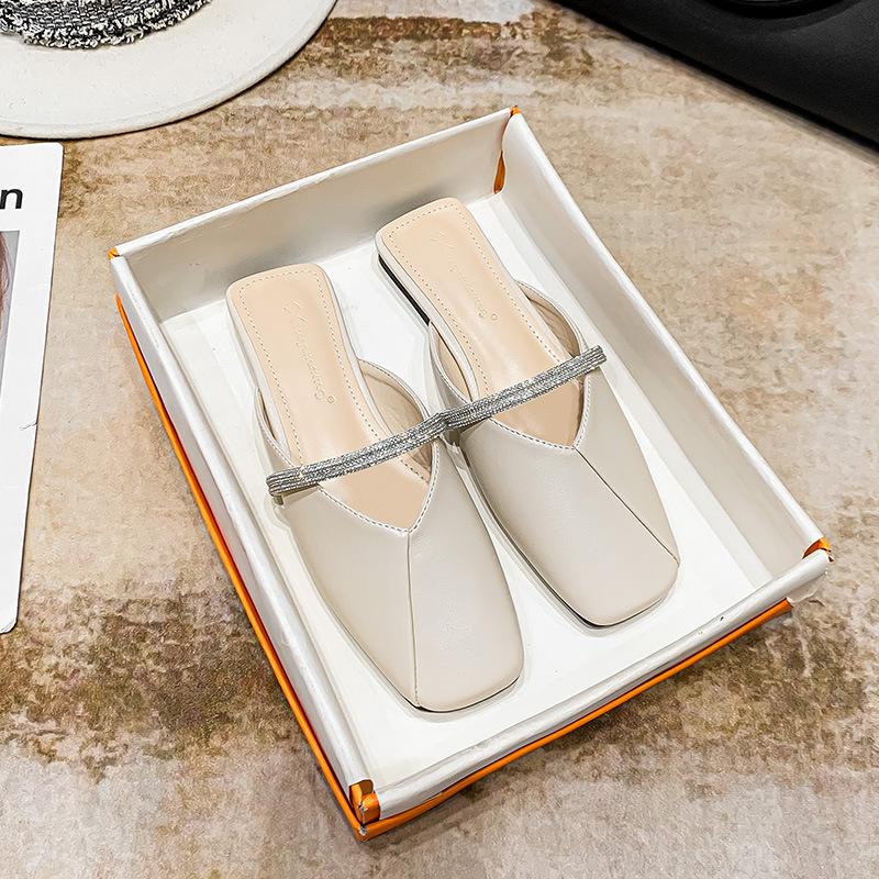 Модные кожаные туфли в стиле пэчворк, женские мюли Haze Blue, блестящие тапочки с ремешком, домашние женские шлепанцы, закрытые сандалии на плоской подошве с квадратным носком