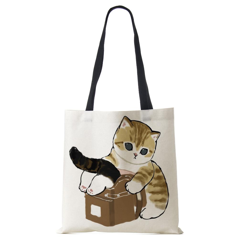 Cat Print Handbag Ladies Casual Cute Shopping Tote Shoulder Bag 2022 Harajuku Large Capacity Travel School Canvas Beach Bags