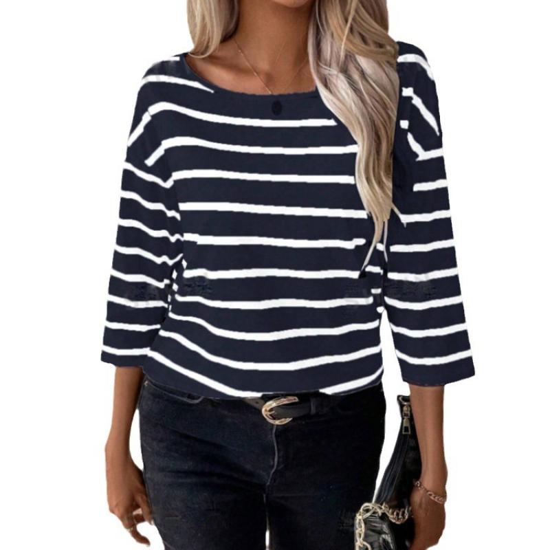 Women's Medium Sleeve Crew Neck Striped T-Shirt Loose Top