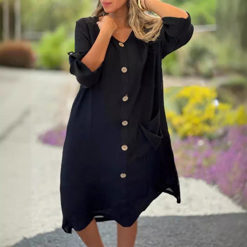 Женское повседневное свободное хлопковое льняное платье с карманом, рукавом 7 дюймов, на пуговицах, длинное платье для женщин, повседневные платья