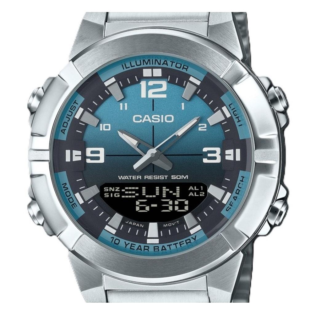 Casio Аналоговые цифровые комбинированные кварцевые часы из нержавеющей стали с голубым циферблатом AMW-870DA-2A2V для мужчин