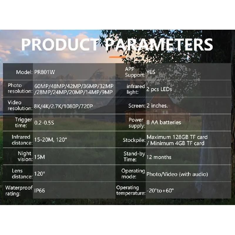 8K WiFi Waterproof Trail Camera PR801W 60MP Supports APP Viewing for Outdoor Animal Hunting Night Vision and Farm Monitoring